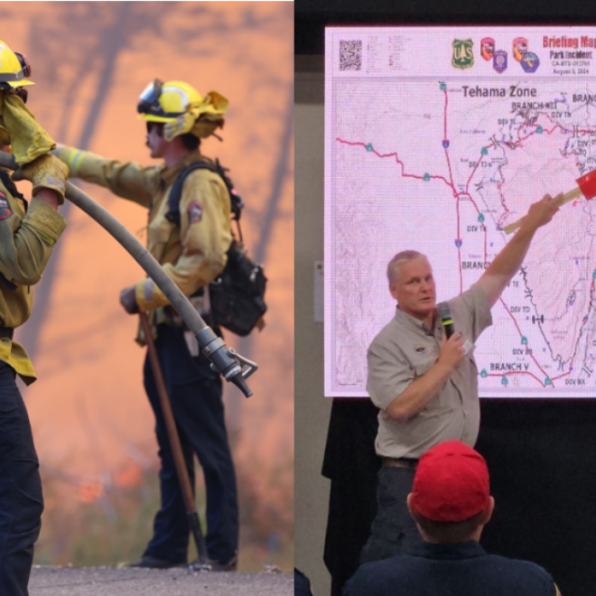July 25, 2024: Emergency responders on the scene at the California Park Fire. Right: August 8, 2024: National Weather Service Incident Meteorologist Ryan Walbrun briefs the CalFire Incident Management Team on smoke trajectory and impacts while deployed on the Park Fire. (Image credit: Left: California Department of Forestry and Fire Protection (CalFire); Right: NOAA.)