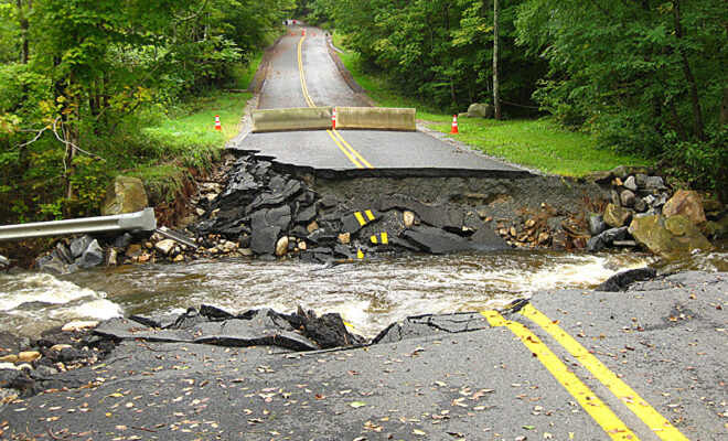 Extreme rain causes culvert washout at Walker Brook in Becket, Massachusetts. (Image credit: Photo courtesy Massachusetts Division of Ecological Restoration.)