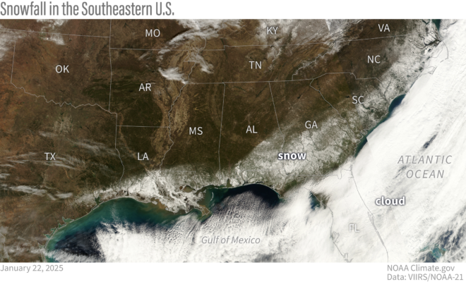 After the storm clouds cleared on January 22, 2025, satellites captured an unusual sight: a swath of snow arcing around the Gulf Coast and the Atlantic Southeast. Climate.gov image based on NOAA-21 satellite data from the VIIRS sensor.