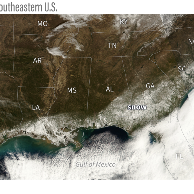 After the storm clouds cleared on January 22, 2025, satellites captured an unusual sight: a swath of snow arcing around the Gulf Coast and the Atlantic Southeast. Climate.gov image based on NOAA-21 satellite data from the VIIRS sensor.