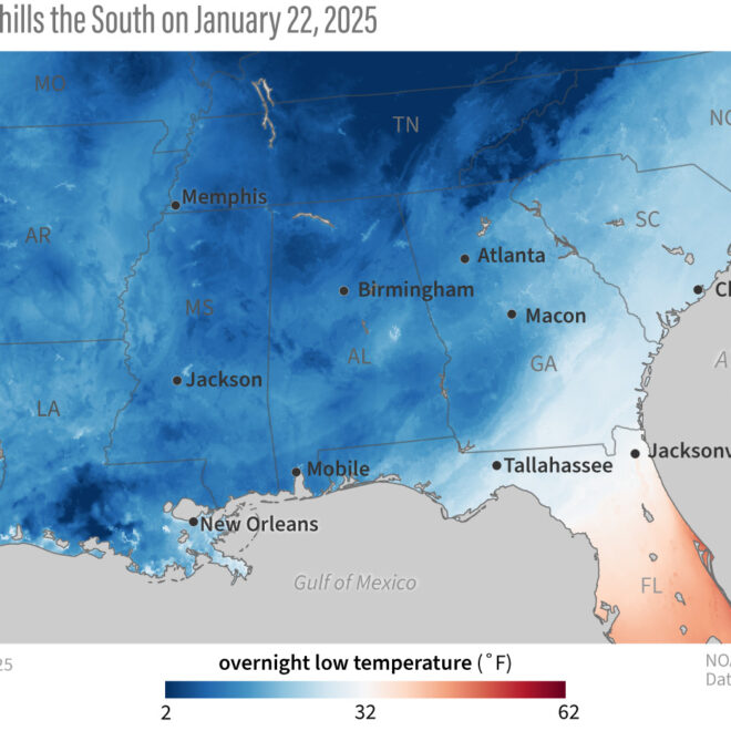 Image Credits: Temperatures were well below freezing (blue) across much of the U.S. Southeast on the morning of January 22, 2025. NOAA Climate.gov image, based on RTMA/URMA data.