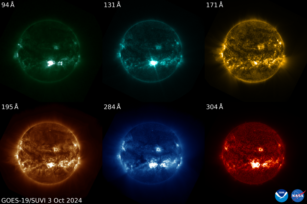 An X9 flare, which can be seen in the lower half of the sun, captured by GOES-19’s Solar Ultraviolet Imager (SUVI) instrument on Oct. 3, 2024. (Image credit: NOAA)