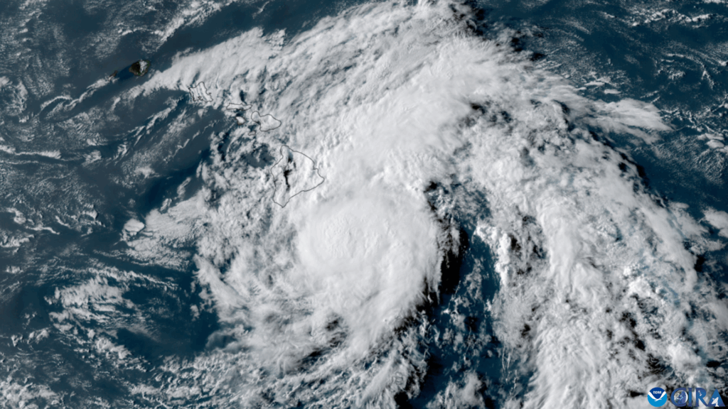 Satellite image of Tropical Storm Hone from NOAA's GOES-18 satellite on August 24, 2024, as it approached the Big Island of Hawaii and shortly before the storm intensified to hurricane strength.