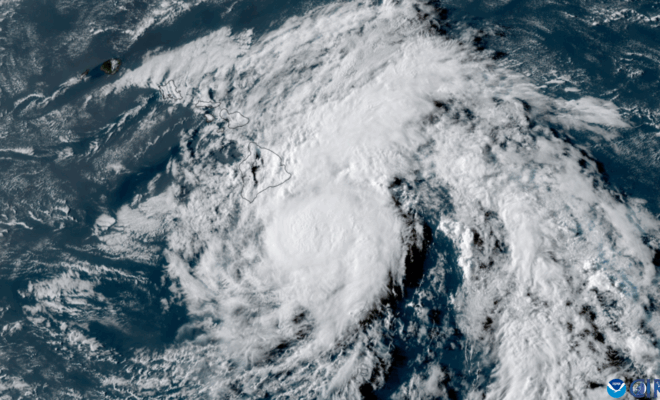 Satellite image of Tropical Storm Hone from NOAA's GOES-18 satellite on August 24, 2024, as it approached the Big Island of Hawaii and shortly before the storm intensified to hurricane strength.