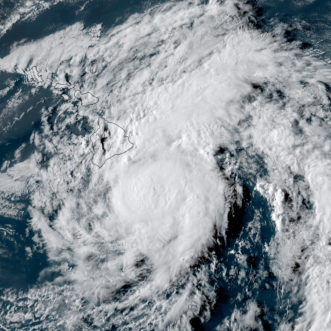 Satellite image of Tropical Storm Hone from NOAA's GOES-18 satellite on August 24, 2024, as it approached the Big Island of Hawaii and shortly before the storm intensified to hurricane strength.