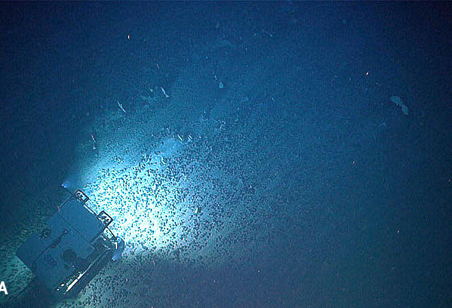 Remotely operated vehicle Deep Discoverer traverses over an extensive field of ferromanganese nodules that formed the bulk of the hard seafloor substrate for much of Dive 17 of the 2021 North Atlantic Stepping Stones expedition. (Image credit: NOAA)