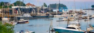 Yachts in Camden Harbor, The Wharf at Lyman Morse taken from Harbor Park