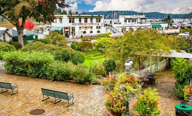 A park and gardens along the water in Roche Harbor, Washington