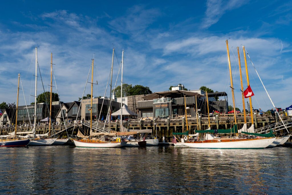Sailboats docked at Lyman Morse in Camden Maine