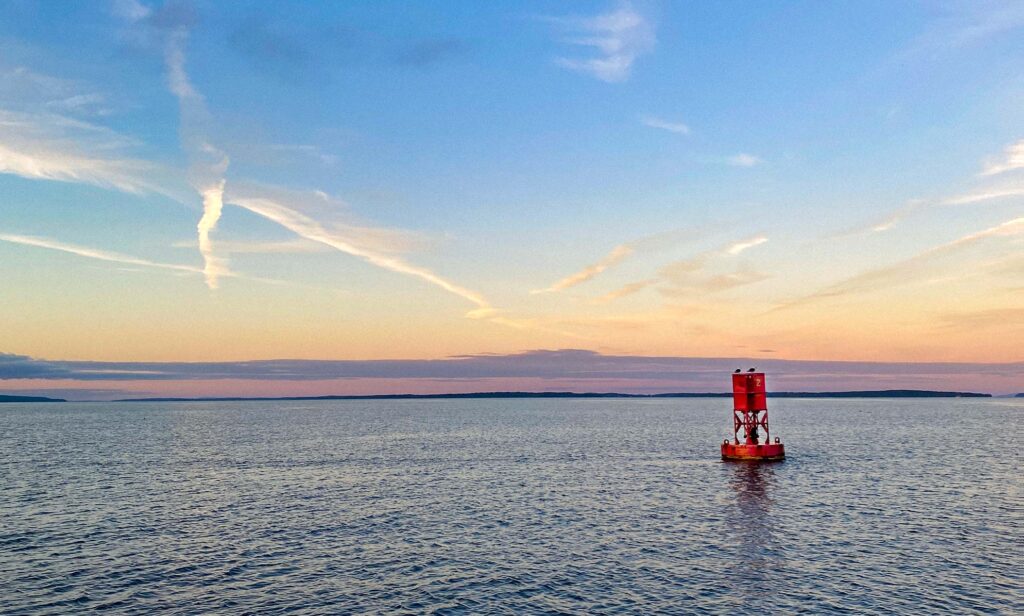 navigation marker at sunset in Penobscot Bay Maine