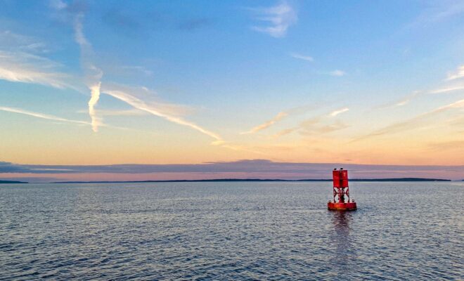 navigation marker at sunset in Penobscot Bay Maine