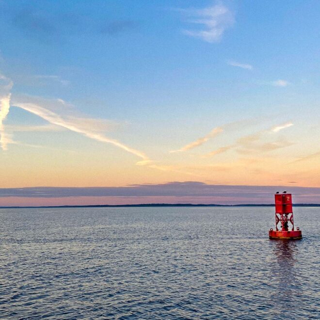 navigation marker at sunset in Penobscot Bay Maine