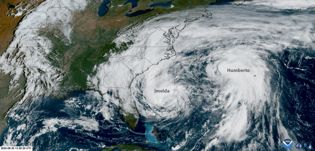NOAA’s GOES-19 satellite captured images of hurricanes Imelda (left) and Humberto (right) churning off the U.S. East Coast on Sept. 30, 2025. (Image credit: NOAA Satellites)