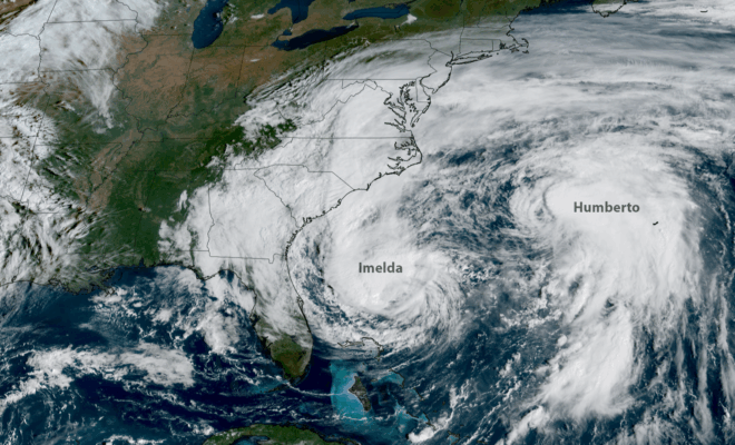 NOAA’s GOES-19 satellite captured images of hurricanes Imelda (left) and Humberto (right) churning off the U.S. East Coast on Sept. 30, 2025. (Image credit: NOAA Satellites)