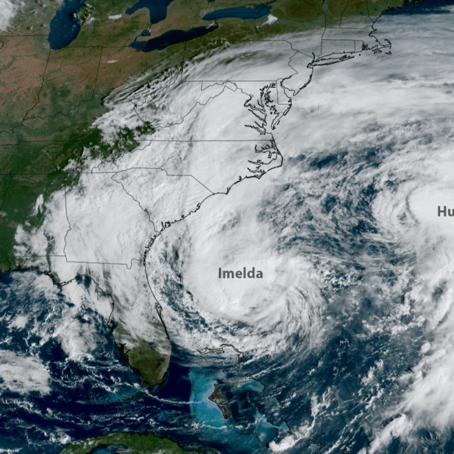 NOAA’s GOES-19 satellite captured images of hurricanes Imelda (left) and Humberto (right) churning off the U.S. East Coast on Sept. 30, 2025. (Image credit: NOAA Satellites)