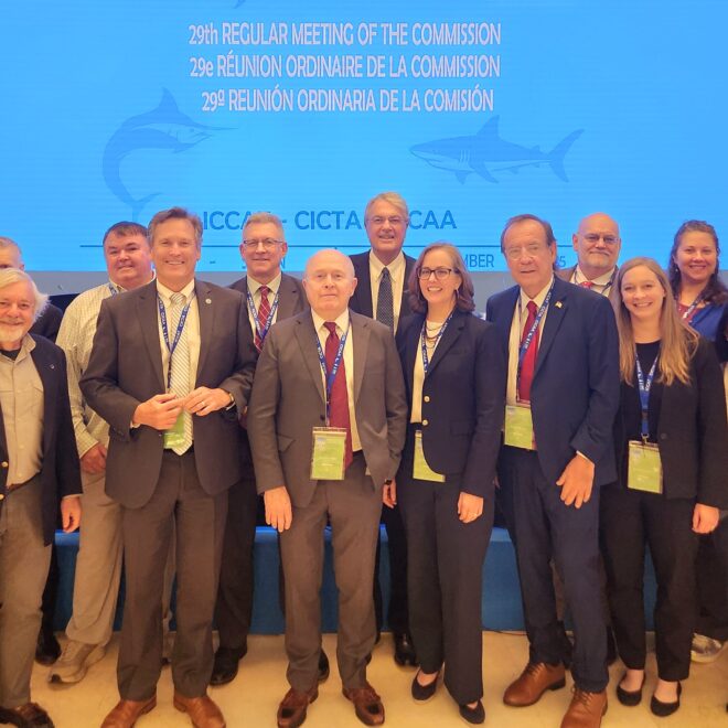 A group photo of the U.S. delegation to the International Commission for the Conservation of Atlantic Tuna (ICCAT) meeting in Seville, Spain (November 17-24, 2025). Included in the photo are NOAA’s Eugenio Piñeiro Soler, assistant administrator for NOAA Fisheries Service and acting assistant secretary of commerce for oceans and atmosphere (front row, 3rd from right); and Drew Lawler, principal deputy assistant secretary for NOAA International Fisheries (front row, 2nd from left). (Image credit: NOAA)
