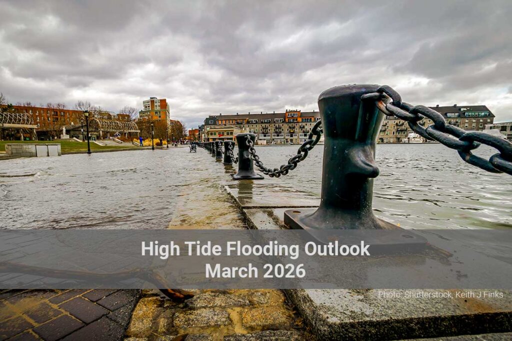 Storm surge floodwaters overrun a park on Boston Harbor during a Nor'easter