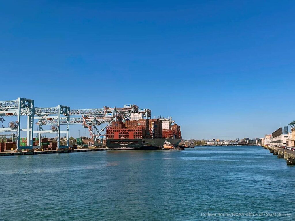 A container ship is docked at Massport's Conley Container Terminal on Boston Harbor