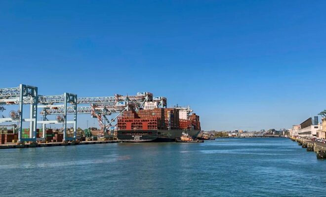 A container ship is docked at Massport's Conley Container Terminal on Boston Harbor