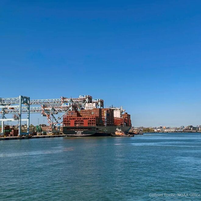 A container ship is docked at Massport's Conley Container Terminal on Boston Harbor