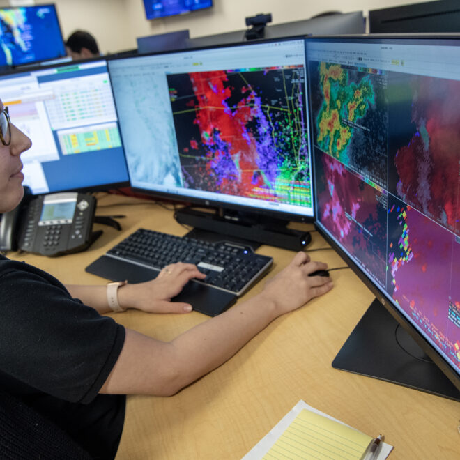 A meteorologist with NOAA’s National Weather Service reviews atmospheric data as part of the Advanced Weather Interactive Processing System (AWIPS), software that enables forecasters to analyze data, and issue forecasts and alerts. (Image credit: Robert Hyatt/NOAA NWS)
