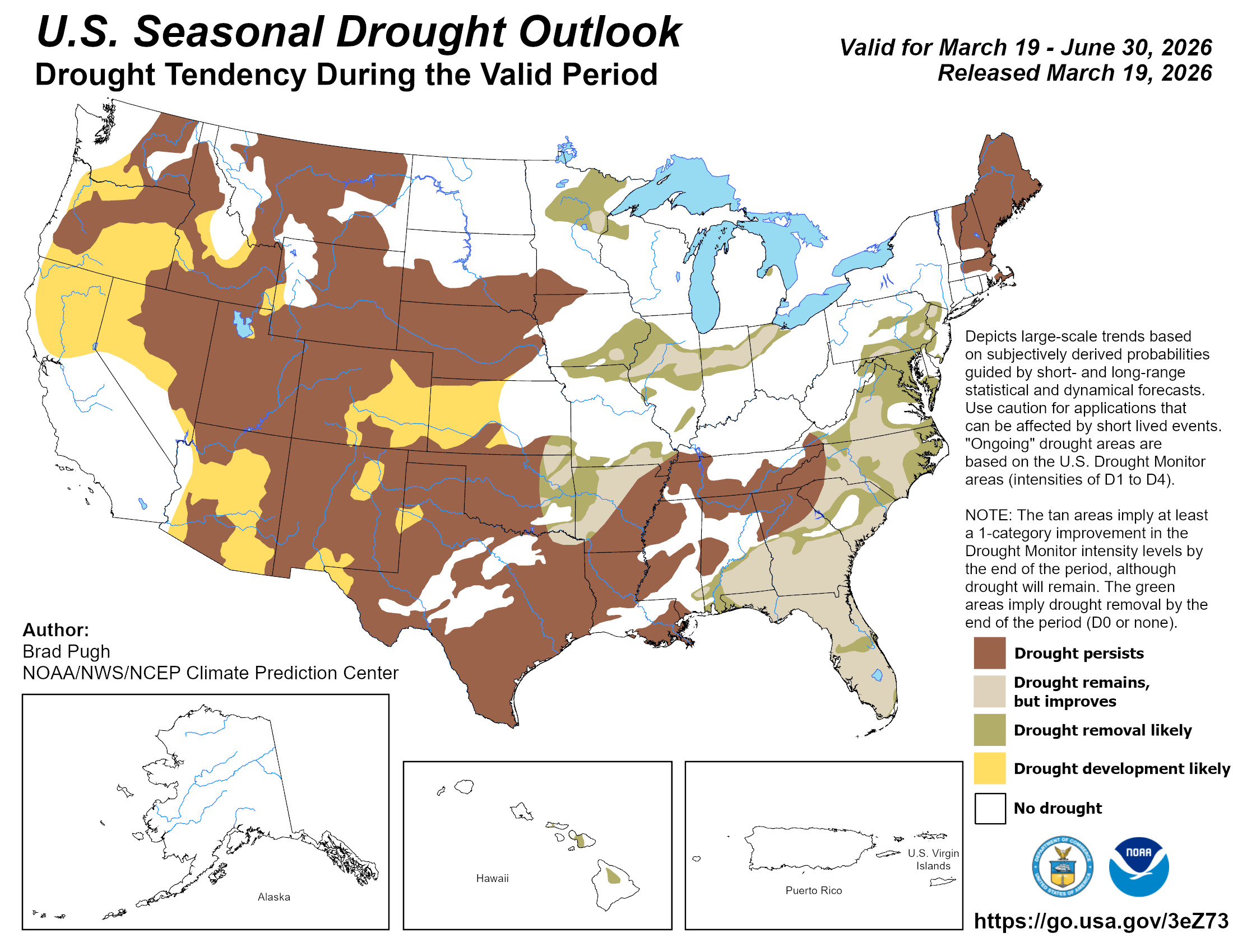 This map depicts where drought persistence, development or improvement is the most likely outcome based on short- and long-range statistical and dynamical forecasts from March 19 through June 30, 2026. (Image credit: NOAA)