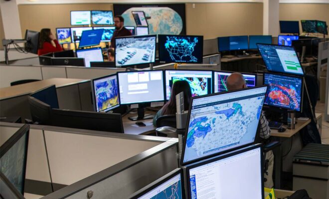 Aviation Weather Center monitors showing the tools used for weather forecasting.