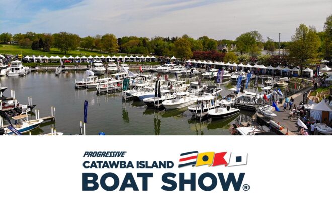 Overview of the show and docks at the Catawba Island Boat Show, Port Clinton, OH