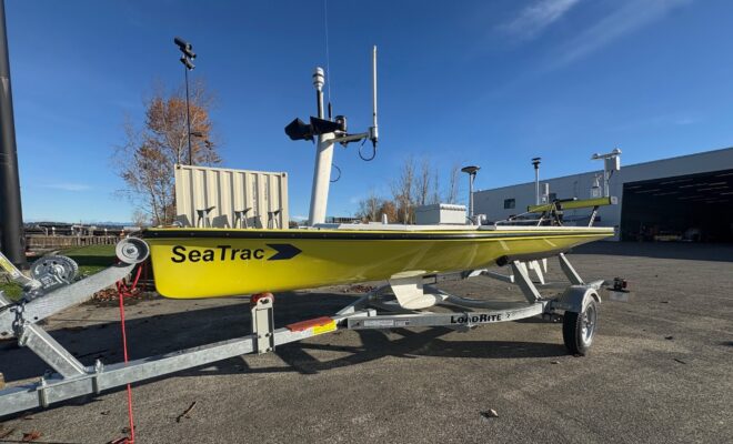 The solar-powered and self-propelled SeaTrac can stay at sea for months, collecting data with a wide variety of off-the-shelf and NOAA-designed instruments. Credit: PMEL