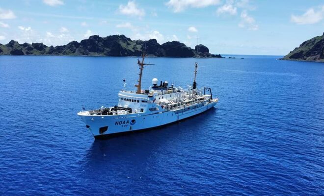 The NOAA Ship Rainier conducts a seabed mapping exercise in the Pacific in 2022. (Image credit: NOAA)