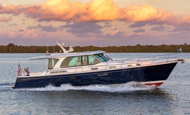 The Sabre 51 cruising the intracoastal waterway at sunset.