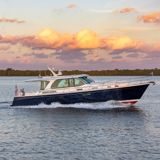 The Sabre 51 cruising the intracoastal waterway at sunset.