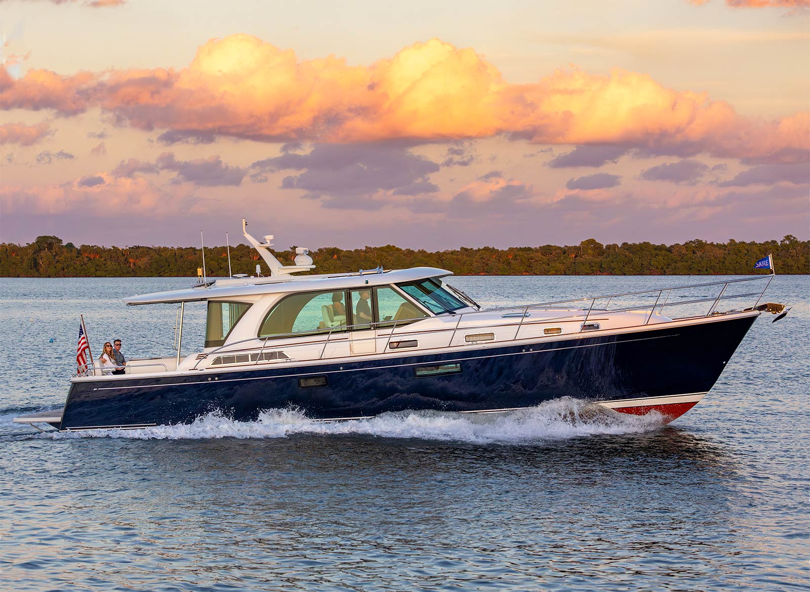 The Sabre 51 running down the intercoastal waterway at sunset