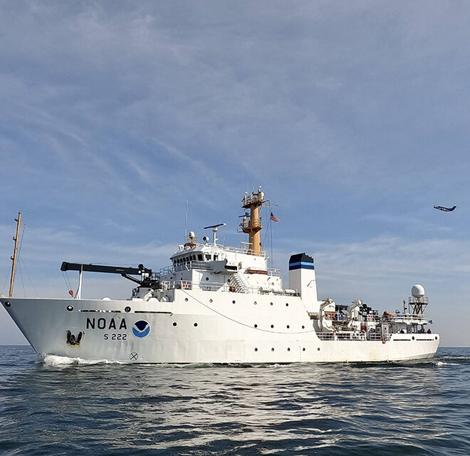NOAA Ship Thomas Jefferson mapping off the coast of Cleveland, Ohio, in 2022, along with a NOAA plane collecting lidar data. (LCDR Michelle Levano/NOAA)
