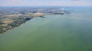 An aerial photo of the green waters of harmful algal bloom in western Lake Erie, July 20, 2020. (Image credit: Courtesy of Zachary Haslick, Aerial Associates)