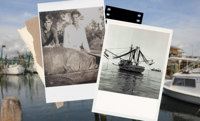 (Overlay) L: Goliath grouper circa 1945. Credit: Wally Ericson. R: Shrimp fishing in Galveston, Texas. Date unknown. Credit: NOAA Library/NOAA Fisheries Archives/Bob Brigham; (Background): Boats in harbor. Credit: Mississippi Alabama Sea Grant