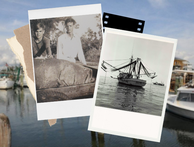 (Overlay) L: Goliath grouper circa 1945. Credit: Wally Ericson. R: Shrimp fishing in Galveston, Texas. Date unknown. Credit: NOAA Library/NOAA Fisheries Archives/Bob Brigham; (Background): Boats in harbor. Credit: Mississippi Alabama Sea Grant