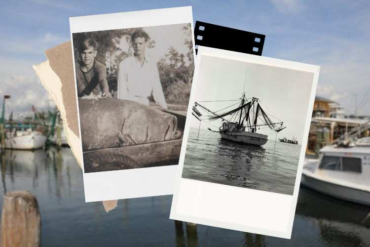 (Overlay) L: Goliath grouper circa 1945. Credit: Wally Ericson. R: Shrimp fishing in Galveston, Texas. Date unknown. Credit: NOAA Library/NOAA Fisheries Archives/Bob Brigham; (Background): Boats in harbor. Credit: Mississippi Alabama Sea Grant