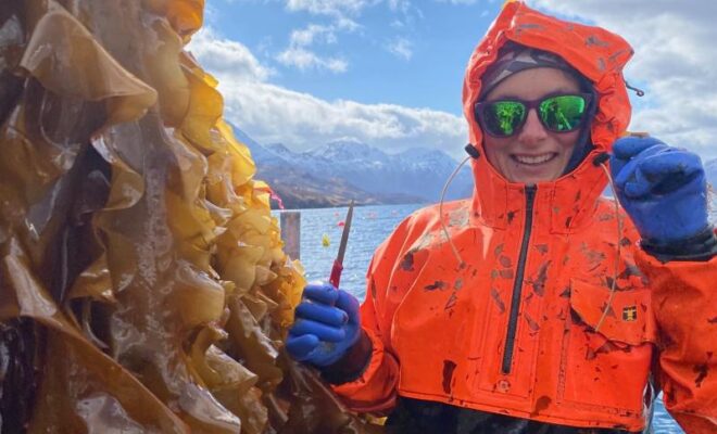 Adelia Myrick harvesting kelp on her farm in Kodiak, Alaska.