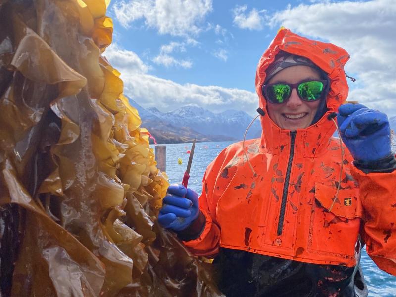 Adelia Myrick harvesting kelp on her farm in Kodiak, Alaska.