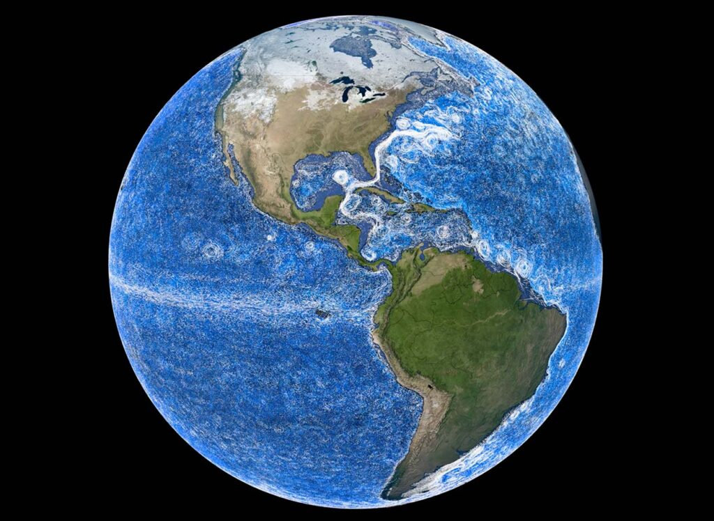 Western boundary currents stand out in white in this visualization built with ECCO data. Credits: Greg Shirah/NASA’s Scientific Visualization Studio