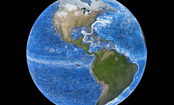 Western boundary currents stand out in white in this visualization built with ECCO data. Credits: Greg Shirah/NASA’s Scientific Visualization Studio