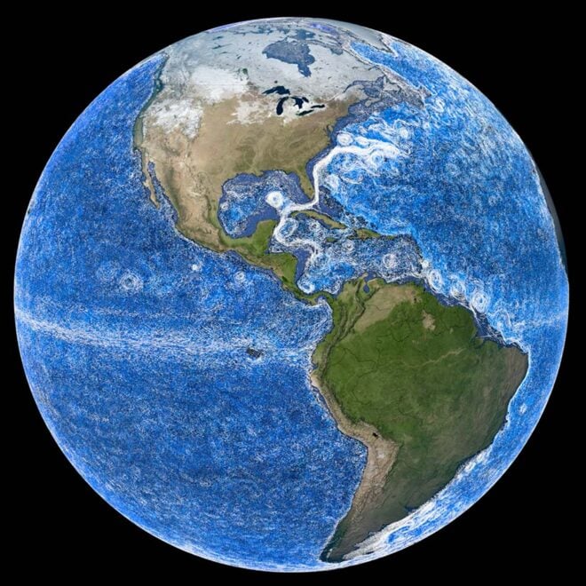 Western boundary currents stand out in white in this visualization built with ECCO data. Credits: Greg Shirah/NASA’s Scientific Visualization Studio