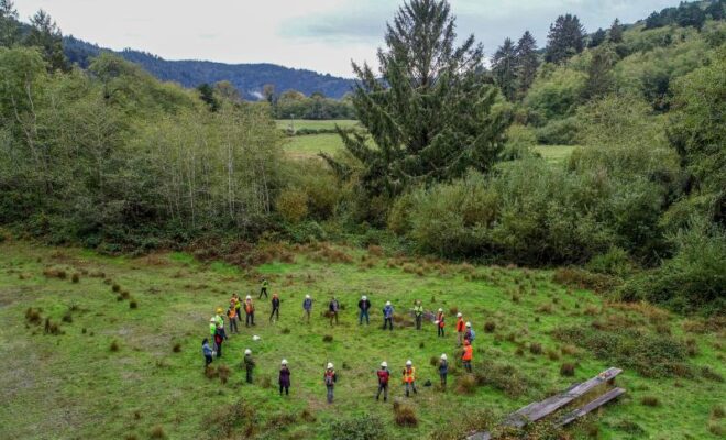 Prairie Creek project partners gather at the restoration site before construction begins. Credit: Michael Weir/CalTrout