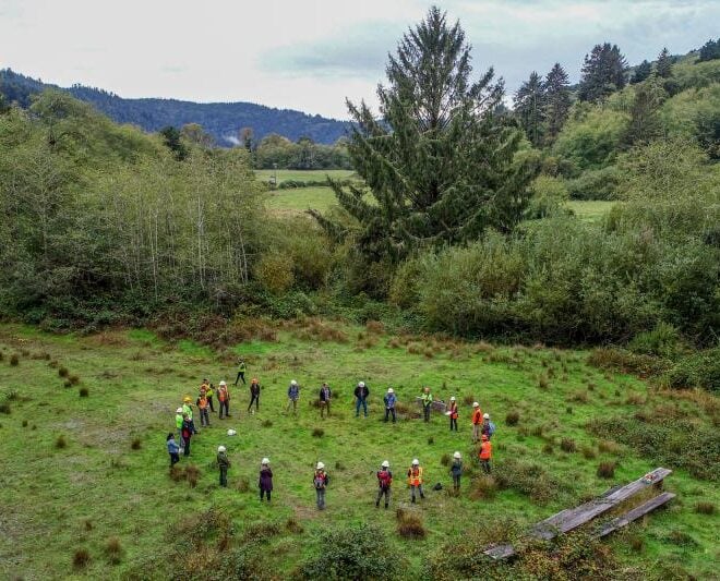 Prairie Creek project partners gather at the restoration site before construction begins. Credit: Michael Weir/CalTrout