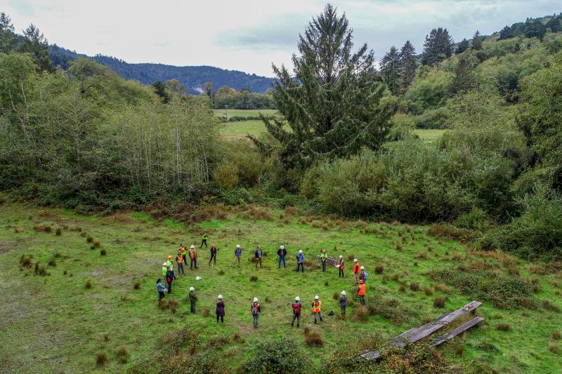 Prairie Creek project partners gather at the restoration site before construction begins. Credit: Michael Weir/CalTrout