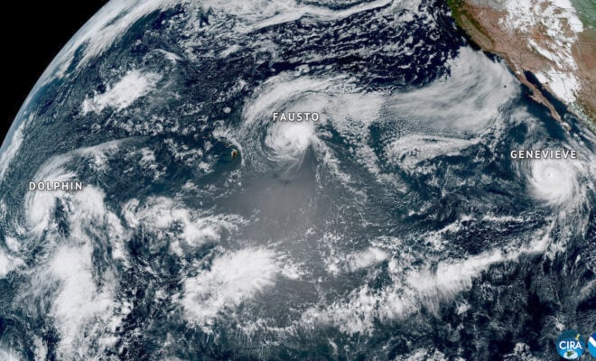 NOAA's GOES West satellite captured this image of three tropical cyclones — Hurricanes Fausto and Genevieve and Typhoon Dolphin — swirling simultaneously in the Pacific Ocean. The image was taken on Tuesday, July 27, at 3:30 PM PDT/ 22:30 UTC. None of the three tropical cyclones made landfall in the United States. Fausto contributed to high surf conditions in Hawaii, and Genevieve also brought high surf to southern California. Typhoon Dolphin continued its track west toward Asia. (Image credit: NOAA Satellites)