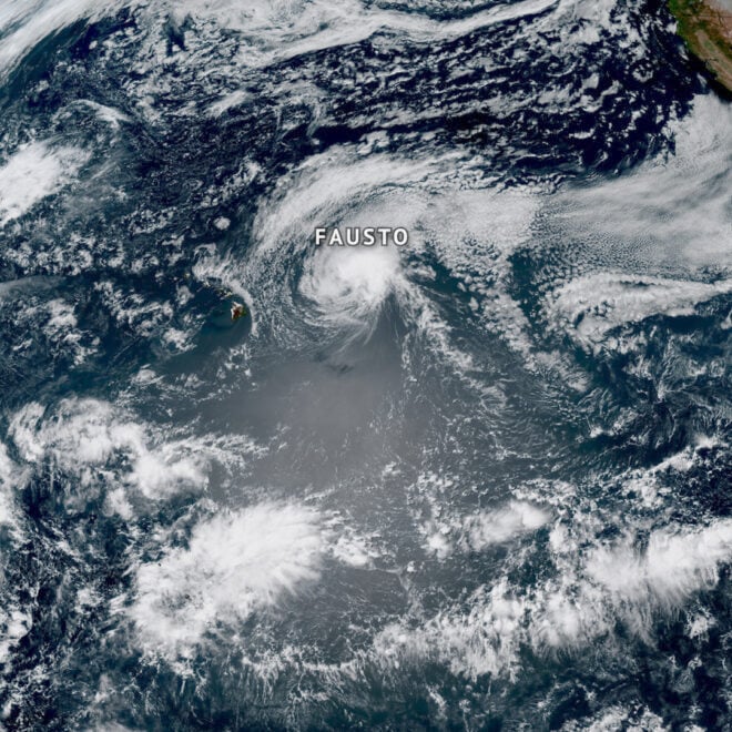 NOAA's GOES West satellite captured this image of three tropical cyclones — Hurricanes Fausto and Genevieve and Typhoon Dolphin — swirling simultaneously in the Pacific Ocean. The image was taken on Tuesday, July 27, at 3:30 PM PDT/ 22:30 UTC. None of the three tropical cyclones made landfall in the United States. Fausto contributed to high surf conditions in Hawaii, and Genevieve also brought high surf to southern California. Typhoon Dolphin continued its track west toward Asia. (Image credit: NOAA Satellites)