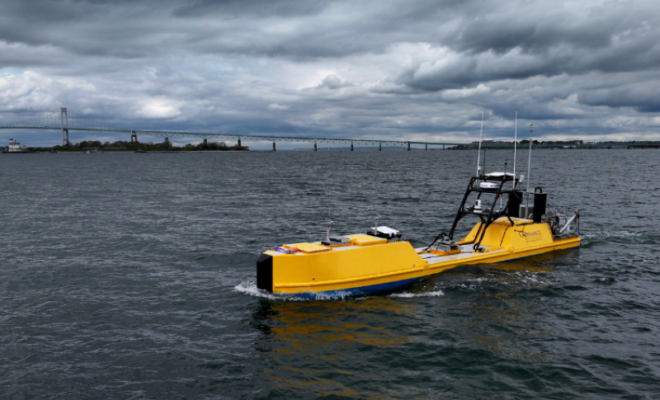 Chance Maritime Technologies MC40 Uncrewed Surface Vehicle in Narragansett Bay during pre-mission testing. Credit: Courtesy of Chance Maritime Technologies.