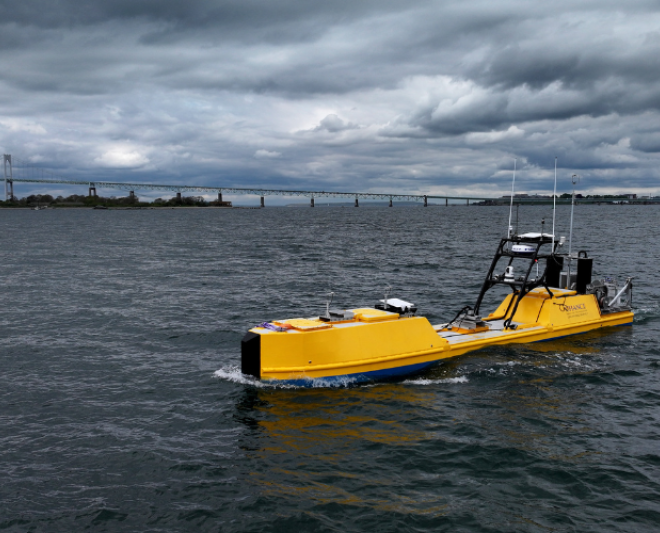 Chance Maritime Technologies MC40 Uncrewed Surface Vehicle in Narragansett Bay during pre-mission testing. Credit: Courtesy of Chance Maritime Technologies.
